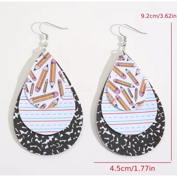 Water drop shape 3 layer faux leather light weight teacher‎ dangle earrings - Picture 8 of 10